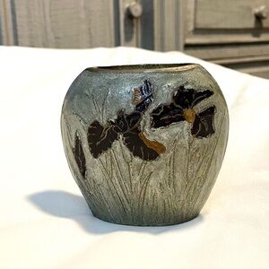 *EUC* Enameled Solid Brass Vase - Enamel Flowers - 4.25" x 5” - Made In India